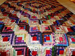 Vintage hand made log cabin quilt all done in silks great colors