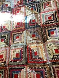 Vintage hand made log cabin quilt top done vintage colors and backed with some o