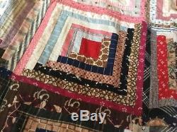Vintage hand made log cabin quilt top done vintage colors and backed with some o
