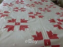 Vintage hand made red and off white quilt star pattern and hand knotted