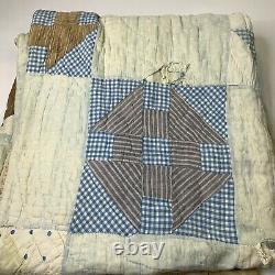 Vintage hand sewn quilt coverlet blue with checkered print backing old feedbag