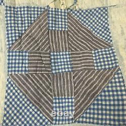 Vintage hand sewn quilt coverlet blue with checkered print backing old feedbag