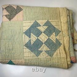 Vintage hand sewn quilt coverlet full queen blue checkered square and triangle
