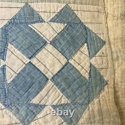 Vintage hand sewn quilt coverlet full queen blue checkered square and triangle