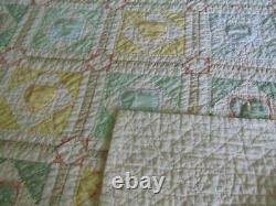 Vintage hand stitched HEART QUILT twin/throw blanket multi calico pastel 61x78
