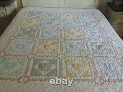 Vintage hand stitched HEART QUILT twin/throw blanket multi calico pastel 61x78