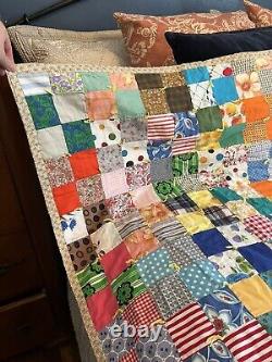 Vintage handmade patchwork quilt postage stamp novelty cotton fabric Colorful