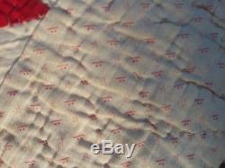 Vintage handmade patchwork quiltRed and white, stars, flying geese border