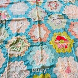 Vintage handmade quilt full 70x80 blue honeycomb cotton boho shabby retro