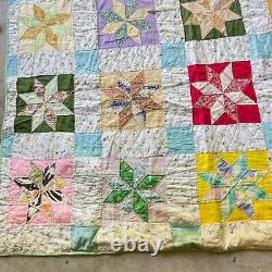 Vintage handmade quilt full 74x89 8 point star cotton boho shabby retro