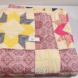 Vintage handmade quilt full purple red star floral 70x84 hand sewn retro boho