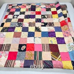 Vintage handmade quilt twin patchwork satin square block 70x80 rustic primitive