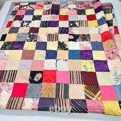 Vintage handmade quilt twin patchwork satin square block 70x80 rustic primitive