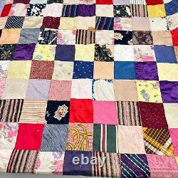 Vintage handmade quilt twin patchwork satin square block 70x80 rustic primitive