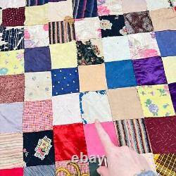 Vintage handmade quilt twin patchwork satin square block 70x80 rustic primitive