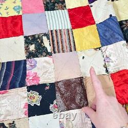 Vintage handmade quilt twin patchwork satin square block 70x80 rustic primitive