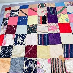 Vintage handmade quilt twin patchwork satin square block 70x80 rustic primitive