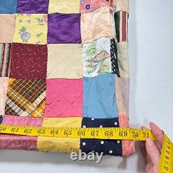 Vintage handmade quilt twin patchwork satin square block 70x80 rustic primitive