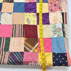 Vintage handmade quilt twin patchwork satin square block 70x80 rustic primitive