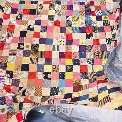 Vintage handmade quilt twin patchwork satin square block 70x80 rustic primitive