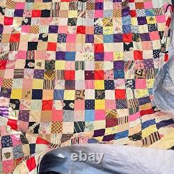 Vintage handmade quilt twin patchwork satin square block 70x80 rustic primitive