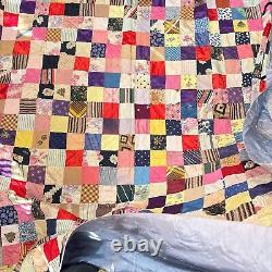 Vintage handmade quilt twin patchwork satin square block 70x80 rustic primitive