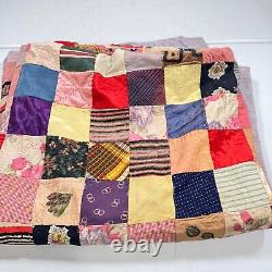 Vintage handmade quilt twin patchwork satin square block 70x80 rustic primitive