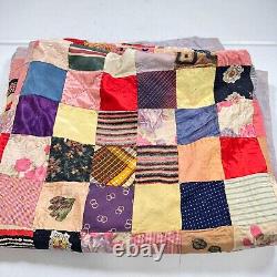 Vintage handmade quilt twin patchwork satin square block 70x80 rustic primitive