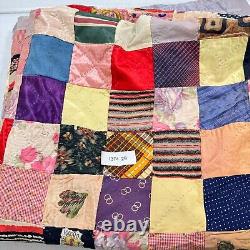 Vintage handmade quilt twin patchwork satin square block 70x80 rustic primitive