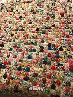 Vintage handmade yo yo suffolk puff patchwork quilt throw large
