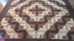 Vintage log Cabin Quilt Calico fabric 90x94 padded farmhouse cabin country quilt