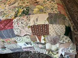 Vintage multicolor quilt 1950s barkcloth cotton squares 93 x 85 hand stitched