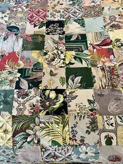 Vintage multicolor quilt 1950s barkcloth cotton squares 93 x 85 hand stitched