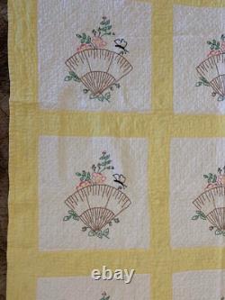 Vintage patchwork yellow fan & flower retro handmade quilt 62 X 78