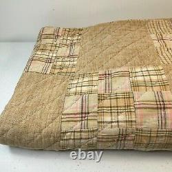 Vintage quilt comforter handmade brown squares plaid hand sewn full 72 x 76