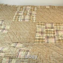Vintage quilt comforter handmade brown squares plaid hand sewn full 72 x 76