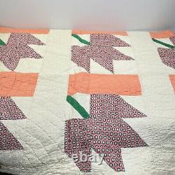 Vintage quilt hand sewn birds twin 65x80 floral red orange classic traditional