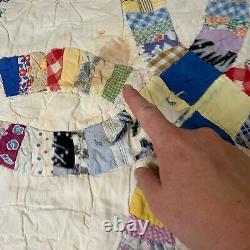 Vintage quilt hand sewn blanket coverlet wedding double ring floral 52x66 twin