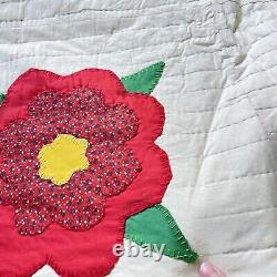 Vintage quilt handmade 85x76 Full hand sewn Red Floral retro Boho Shabby