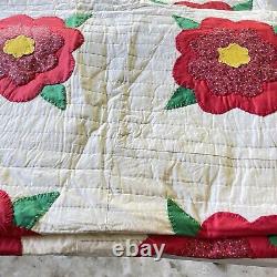 Vintage quilt handmade 85x76 Full hand sewn Red Floral retro Boho Shabby