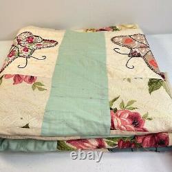 Vintage quilt handmade full 70x80 floral butterflies cream green handsewn retro