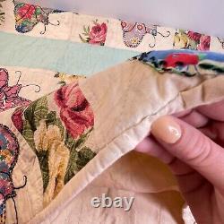 Vintage quilt handmade full 70x80 floral butterflies cream green handsewn retro