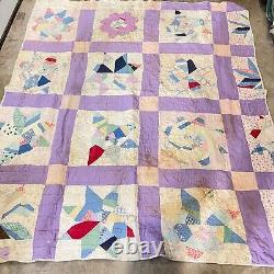 Vintage quilt handmade hand sewn star purple twin 67x76 retro boho