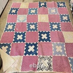 Vintage quilt handmade pink crosses twin 60x74 hand sewn retro boho