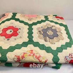 Vintage quilt hexagon green handmade hand sewn full 72x85 honeycomb retro