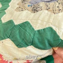 Vintage quilt hexagon green handmade hand sewn full 72x85 honeycomb retro