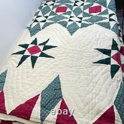 Vintage quilt queen 100x86 hand sewn star floral retro traditional green red