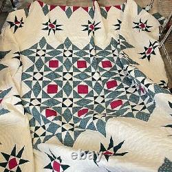 Vintage quilt queen 100x86 hand sewn star floral retro traditional green red