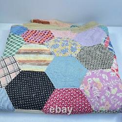 Vintage quilt twin 74x60 hand sewn hexagon floral retro traditional classic