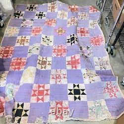 Vintage quilt twin 76x63 handmade star floral purple retro traditional classic